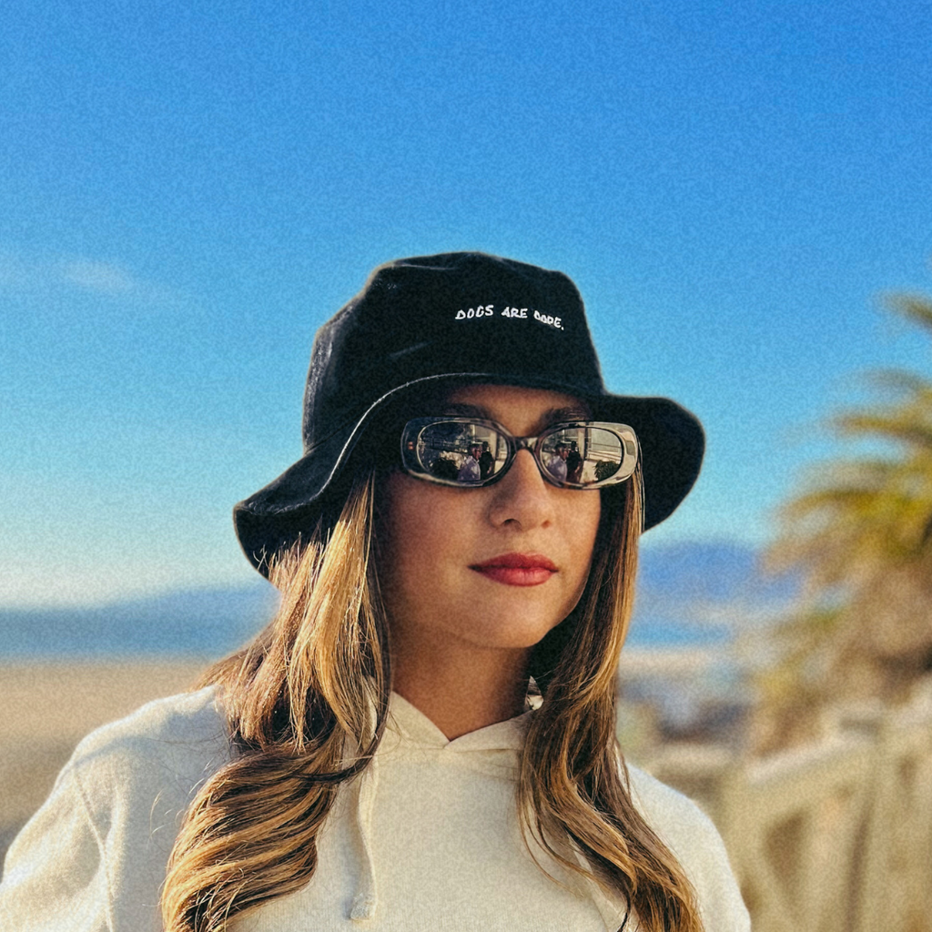 A model exudes a sleek and confident vibe, wearing sunglasses and a Dogs Are Dope bucket hat, while sporting a serious expression against a serene blue sky background.