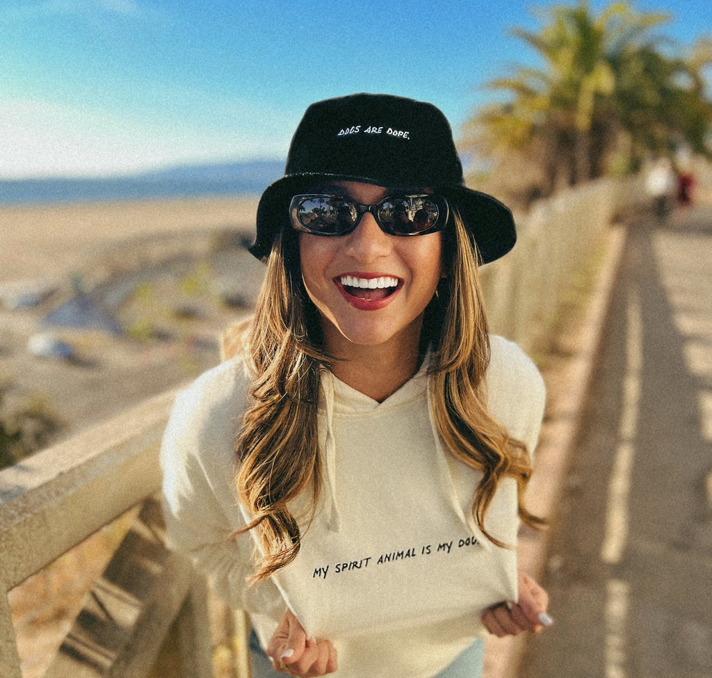 A fashionable woman wearing a bucket hat and hoodie, modeling against the scenic backdrop of Palisades Park in Santa Monica, overlooking the beach.