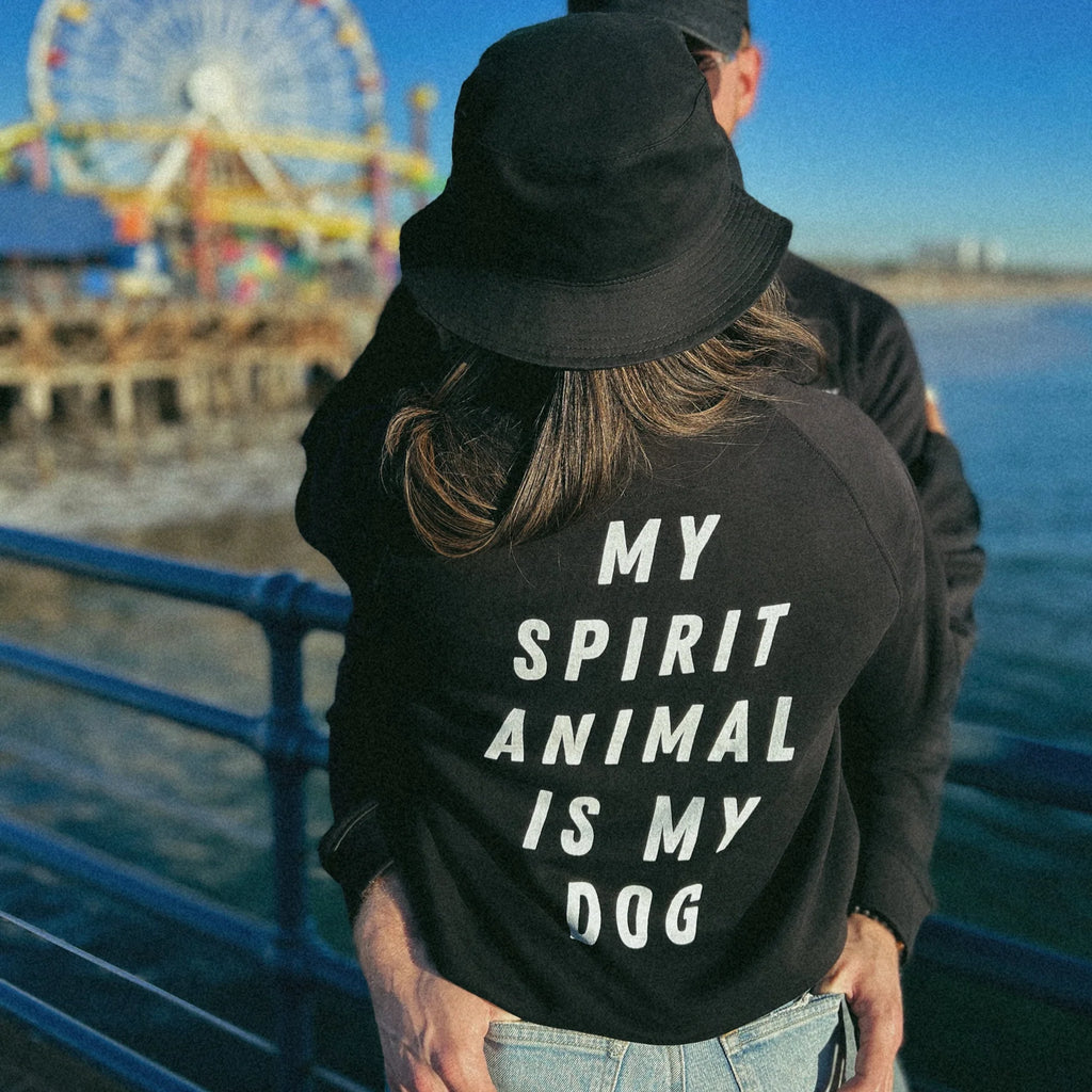A woman stands on Santa Monica Pier, with the iconic Ferris wheel in the background, wearing a black sweatshirt that proudly declares 'My Dog Is My Spirit Animal.' Caption: This woman cherishes the profound bond with her dog on Santa Monica Pier, expressing it through her 'My Dog Is My Spirit Animal' sweatshirt, with the iconic Ferris wheel as a backdrop.